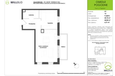 Rzut - Mieszkanie na sprzedaż 2 pokoje o powierzchni 44,84 m² - numer OP/A1/P2/13 w Osiedle Pogodne etap I