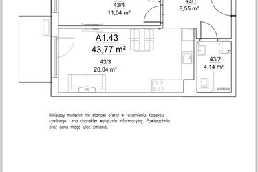 Rzut - Mieszkanie na sprzedaż 2 pokoje o powierzchni 43,77 m² - numer A1.43 w FORTnatura