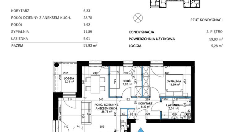 Rzut - Mieszkanie na sprzedaż 3 pokoje o powierzchni 59,93 m² - numer 10 w Comfort Corner