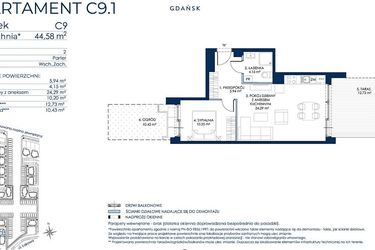 Rzut - Mieszkanie na sprzedaż 2 pokoje o powierzchni 44,62 m² - numer C9.1 w Sol Marina etap III