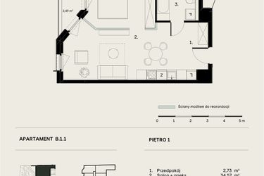Rzut - Mieszkanie na sprzedaż 2 pokoje o powierzchni 43,02 m² - numer B/1/1 w Ogrodowa 12