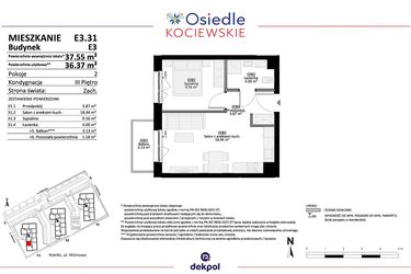 Rzut - Mieszkanie na sprzedaż 2 pokoje o powierzchni 36,37 m² - numer E3.31 w Osiedle Kociewskie bud. E