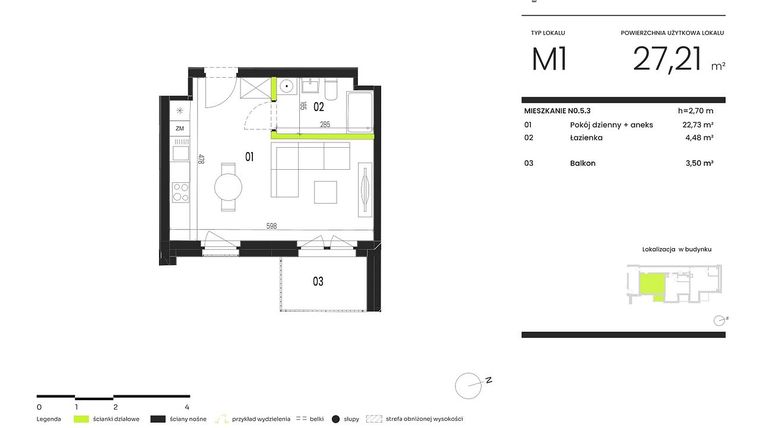 Rzut - Mieszkanie na sprzedaż 1 pokój o powierzchni 27,21 m² - numer NO.5.3 w Ogrody Staromiejskie