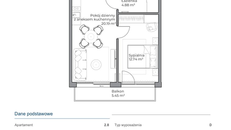 Rzut - Mieszkanie na sprzedaż 2 pokoje o powierzchni 37,59 m² - numer B.2.8 w Anchoria Holiday