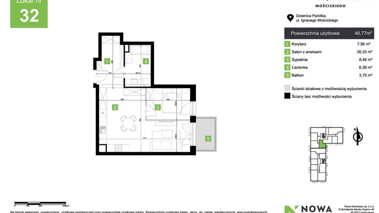 Rzut - Mieszkanie na sprzedaż 2 pokoje o powierzchni 48,77 m² - numer M32 w Nowa Częstochowa Mościckiego