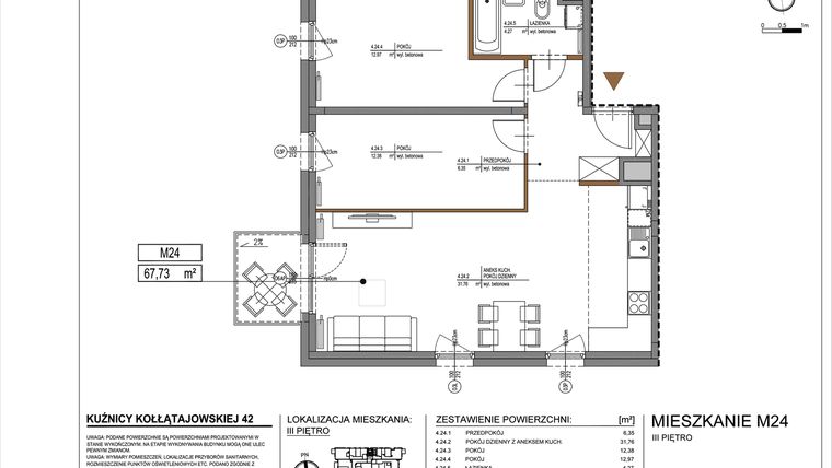Rzut - Mieszkanie na sprzedaż 3 pokoje o powierzchni 67,73 m² - numer M24 w Kuźnicy Kołłątajowskiej 42