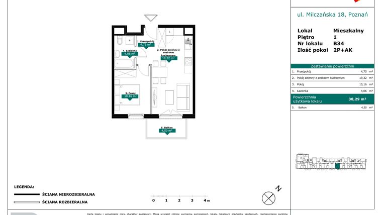 Rzut - Mieszkanie na sprzedaż 2 pokoje o powierzchni 38,29 m² - numer B34 w Milczańska 18