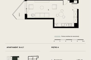 Rzut - Mieszkanie na sprzedaż 1 pokój o powierzchni 36,69 m² - numer B/4/17 w Ogrodowa 12