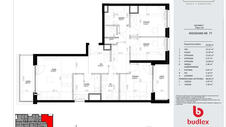 Rzut - Mieszkanie na sprzedaż 4 pokoje o powierzchni 93,08 m² - numer F.77 w Osiedle Panorama - III etap