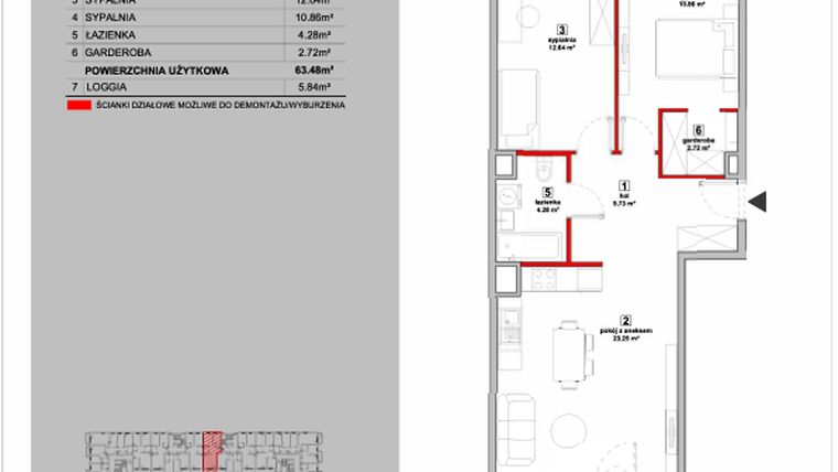 Rzut - Mieszkanie na sprzedaż 3 pokoje o powierzchni 63,48 m² - numer P9.03.1.76 w Osiedle Poematu II