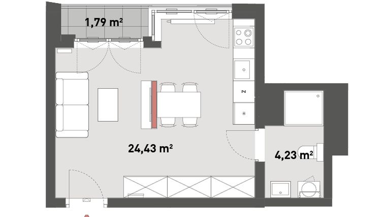 Rzut - Mieszkanie na sprzedaż 1 pokój o powierzchni 28,66 m² - numer A.04.19 w Żelazna 54