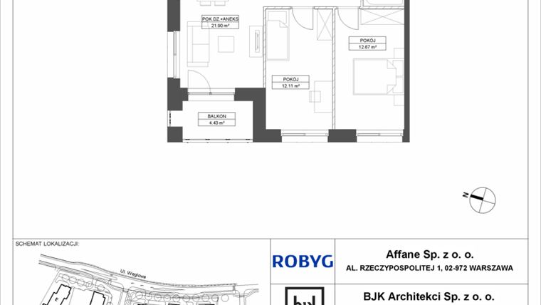 Rzut - Mieszkanie na sprzedaż 3 pokoje o powierzchni 57,52 m² - numer A.7M02 w WENDY