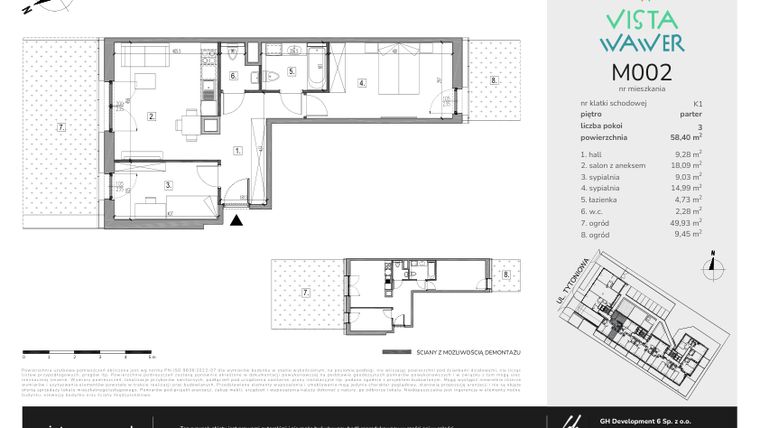 Rzut - Mieszkanie na sprzedaż 3 pokoje o powierzchni 58,4 m² - numer M002 w Vista Wawer