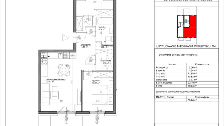 Rzut - Mieszkanie na sprzedaż 3 pokoje o powierzchni 58,93 m² - numer M4/P2/1 w Nowa Klecina
