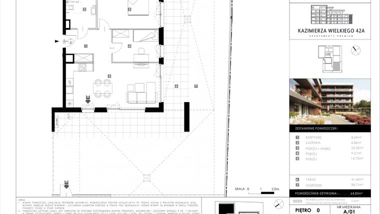 Rzut - Mieszkanie na sprzedaż 3 pokoje o powierzchni 64,83 m² - numer A/01 w Kazimierza Wielkiego 42A