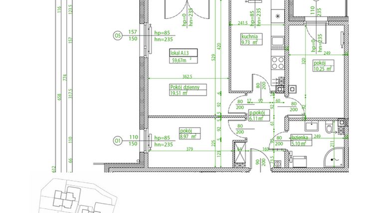 Rzut - Mieszkanie na sprzedaż 3 pokoje o powierzchni 59,12 m² - numer A.I.3 w Villa Rosenthal