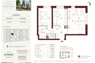 Rzut - Mieszkanie na sprzedaż 3 pokoje o powierzchni 65,69 m² - numer H.M.0.01 w Sereno Park