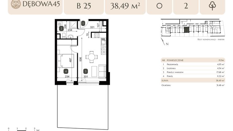 Rzut - Mieszkanie na sprzedaż 2 pokoje o powierzchni 38,49 m² - numer B.25 w Dębowa 45