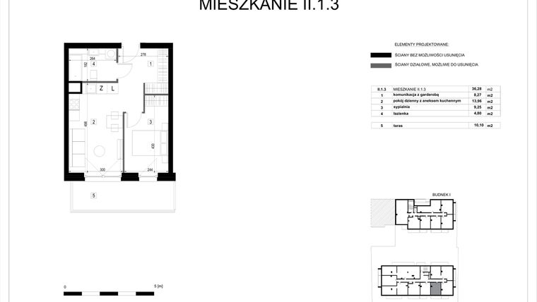 Rzut - Mieszkanie na sprzedaż 2 pokoje o powierzchni 36,28 m² - numer II.1.3 w Pryncypalna 66