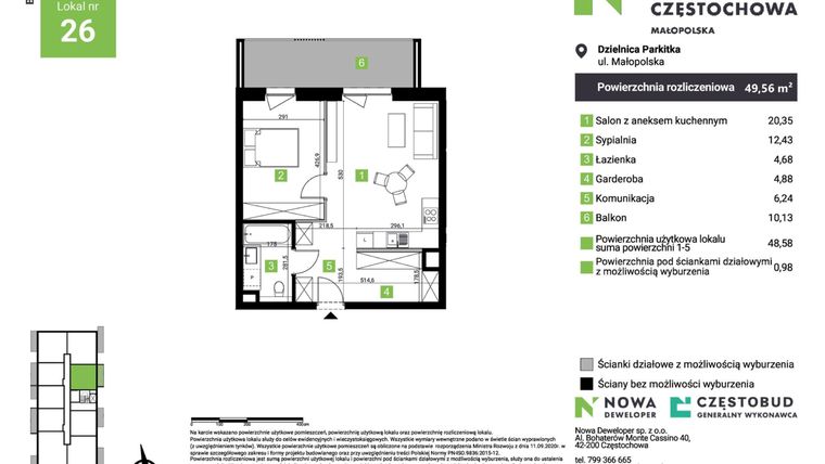 Rzut - Mieszkanie na sprzedaż 2 pokoje o powierzchni 49,56 m² - numer E26 w Nowa Częstochowa Małopolska etap II