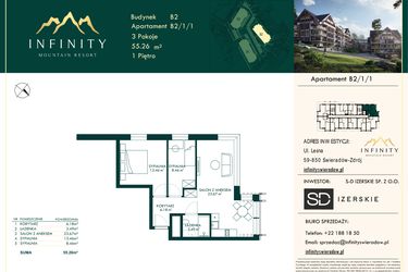 Rzut - Mieszkanie na sprzedaż 3 pokoje o powierzchni 55,26 m² - numer B2.1.1 w Infinity Mountain Resort