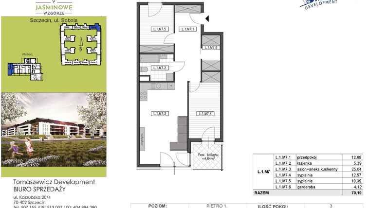 Rzut - Mieszkanie na sprzedaż 3 pokoje o powierzchni 70,19 m² - numer L1M7 w Jaśminowe Wzgórze - etap II