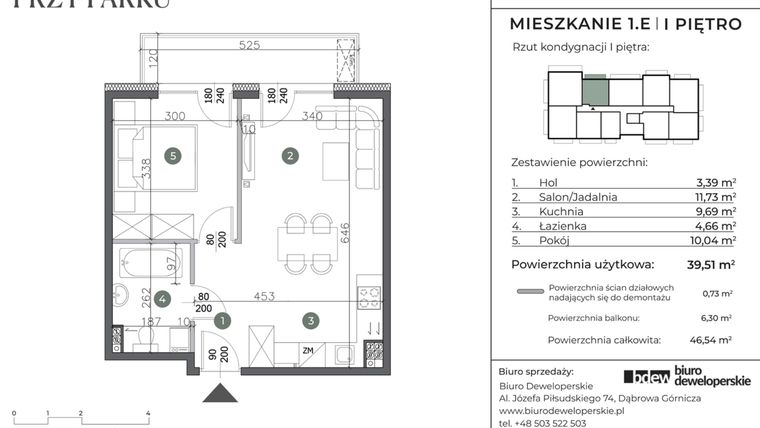 Rzut - Mieszkanie na sprzedaż 2 pokoje o powierzchni 39,51 m² - numer 1.E w Willa przy parku