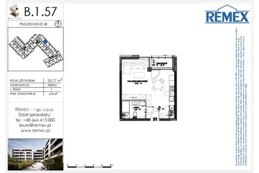 Rzut - Mieszkanie na sprzedaż 1 pokój o powierzchni 35,54 m² - numer B.1.57 w Osiedle BALTICA