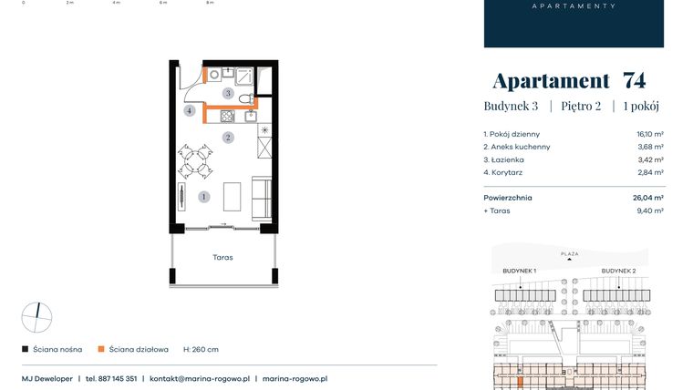 Rzut - Mieszkanie na sprzedaż 1 pokój o powierzchni 26,04 m² - numer 74 w Apartamenty Marina Rogowo