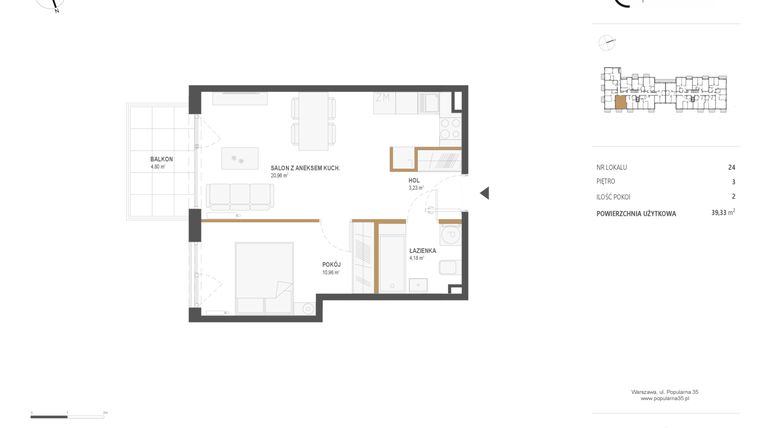 Rzut - Mieszkanie na sprzedaż 2 pokoje o powierzchni 39,33 m² - numer M.24 w Popularna 35