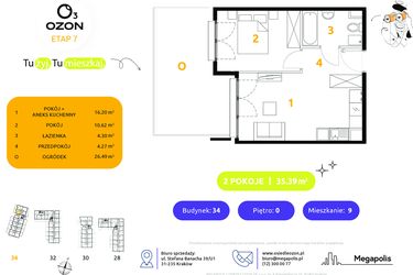 Rzut - Mieszkanie na sprzedaż 2 pokoje o powierzchni 35,39 m² - numer 34.9 w Osiedle Ozon etap VII
