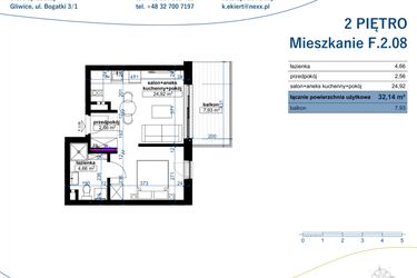Rzut - Mieszkanie na sprzedaż 1 pokój o powierzchni 32,14 m² - numer F.2.08 w Wzgórze Poetów 2