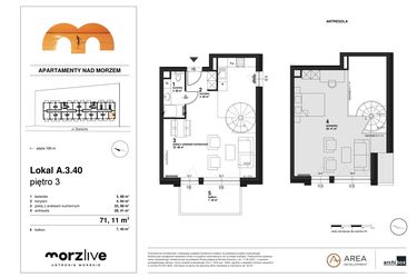 Rzut - Mieszkanie na sprzedaż 1 pokój o powierzchni 71,11 m² - numer A.3.40 w Morzlive