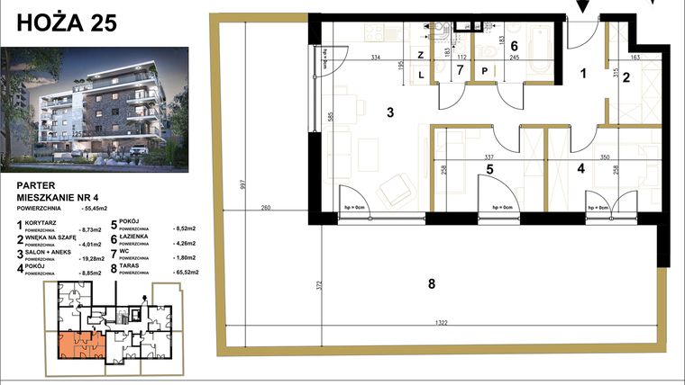 Rzut - Mieszkanie na sprzedaż 3 pokoje o powierzchni 55,45 m² - numer 4 w Hoża 25