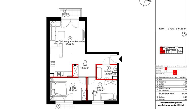 Rzut - Mieszkanie na sprzedaż 3 pokoje o powierzchni 60,53 m² - numer 11 w Czynu Społecznego 65F