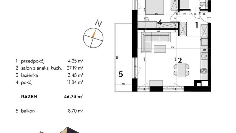 Rzut - Mieszkanie na sprzedaż 2 pokoje o powierzchni 46,73 m² - numer OK-48 w OKI DOKI