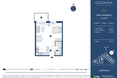 Rzut - Mieszkanie na sprzedaż 1 pokój o powierzchni 40,49 m² - numer I.A.4.11 w GEDANIA Riverside Living