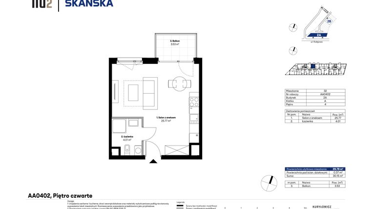 Rzut - Mieszkanie na sprzedaż 1 pokój o powierzchni 29,78 m² - numer AA0402 w NU2 Warszawa Wola - apartamenty wykończone pod klucz