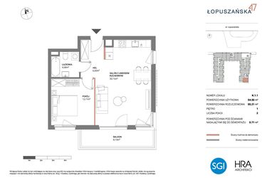 Rzut - Mieszkanie na sprzedaż 2 pokoje o powierzchni 55,21 m² - numer K.1.1 w Łopuszańska 47 - etap 3