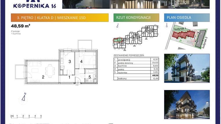 Rzut - Mieszkanie na sprzedaż 2 pokoje o powierzchni 48,59 m² - numer D15 w Kopernika Szesnaście