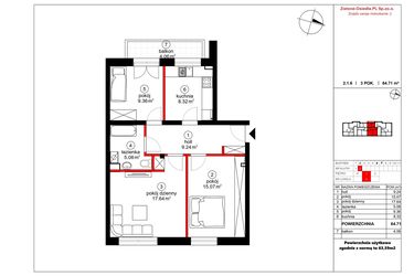 Rzut - Mieszkanie na sprzedaż 3 pokoje o powierzchni 63,59 m² - numer 6 w Czynu Społecznego 65F