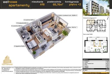 Rzut - Mieszkanie na sprzedaż 3 pokoje o powierzchni 65,95 m² - numer A16 w Osiedle Wełnowe Apartamenty