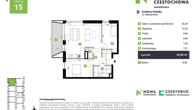 Rzut - Mieszkanie na sprzedaż 3 pokoje o powierzchni 62,06 m² - numer B15 w Nowa Częstochowa Małopolska
