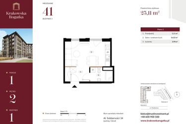 Rzut - Mieszkanie na sprzedaż 1 pokój o powierzchni 25,11 m² - numer 1.M41 w Krakowska Rogatka