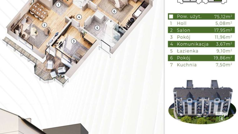 Rzut - Mieszkanie na sprzedaż 3 pokoje o powierzchni 74,66 m² - numer 19.M4 w Osiedle Leśny Zakątek