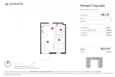Rzut - Mieszkanie na sprzedaż 2 pokoje o powierzchni 43,11 m² - numer 1.B.1.13 w Murapol Trzy Lipki