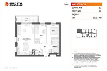 Rzut - Mieszkanie na sprzedaż 3 pokoje o powierzchni 60,17 m² - numer C7.11 w Konstelacja etap IV