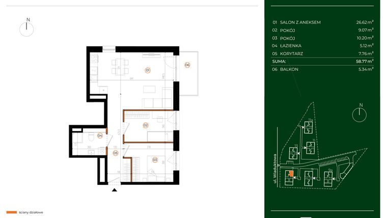 Rzut - Mieszkanie na sprzedaż 3 pokoje o powierzchni 58,77 m² - numer 7.12 w Wiaduktowa