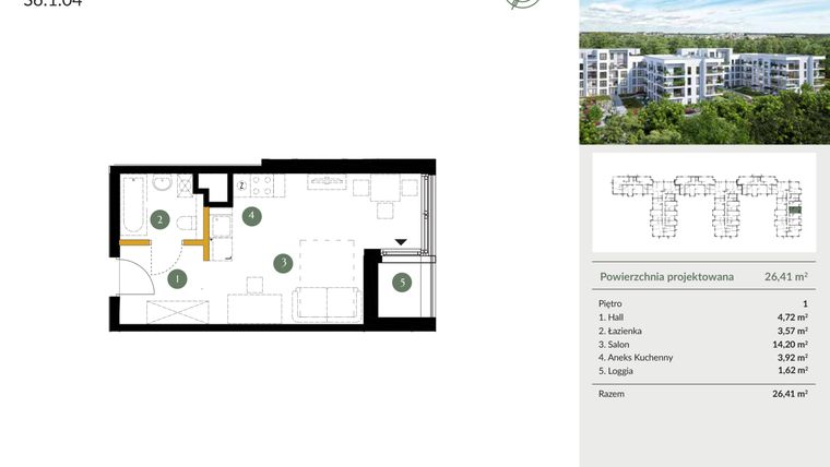 Rzut - Mieszkanie na sprzedaż 1 pokój o powierzchni 26,41 m² - numer S6.1.04 w Ogrody Julianów
