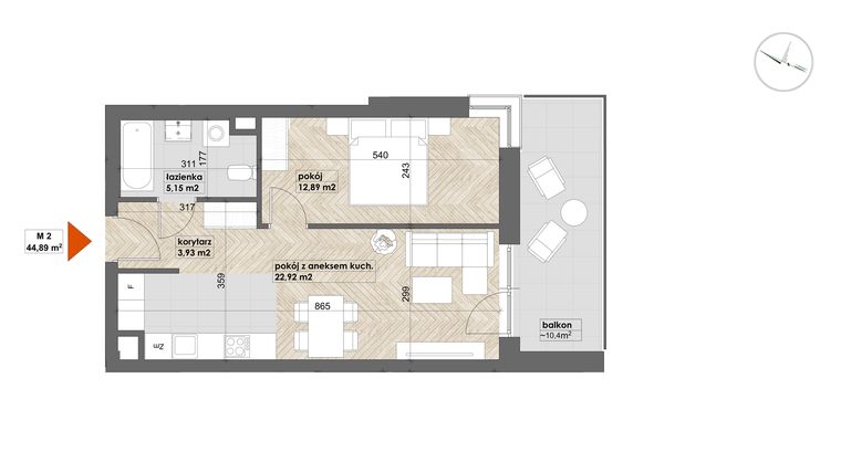 Rzut - Mieszkanie na sprzedaż 2 pokoje o powierzchni 44,89 m² - numer 2 w Apartamenty Śródmieście